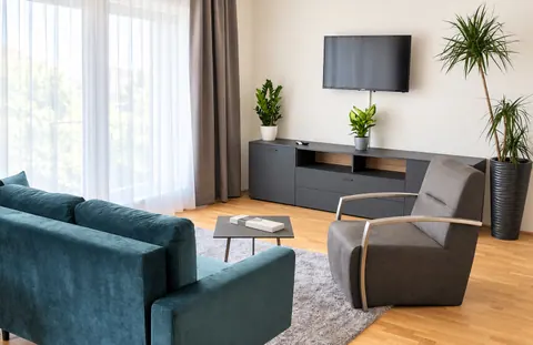 Wohnbereich mit Sofa und Sessel · CityFlat Wels